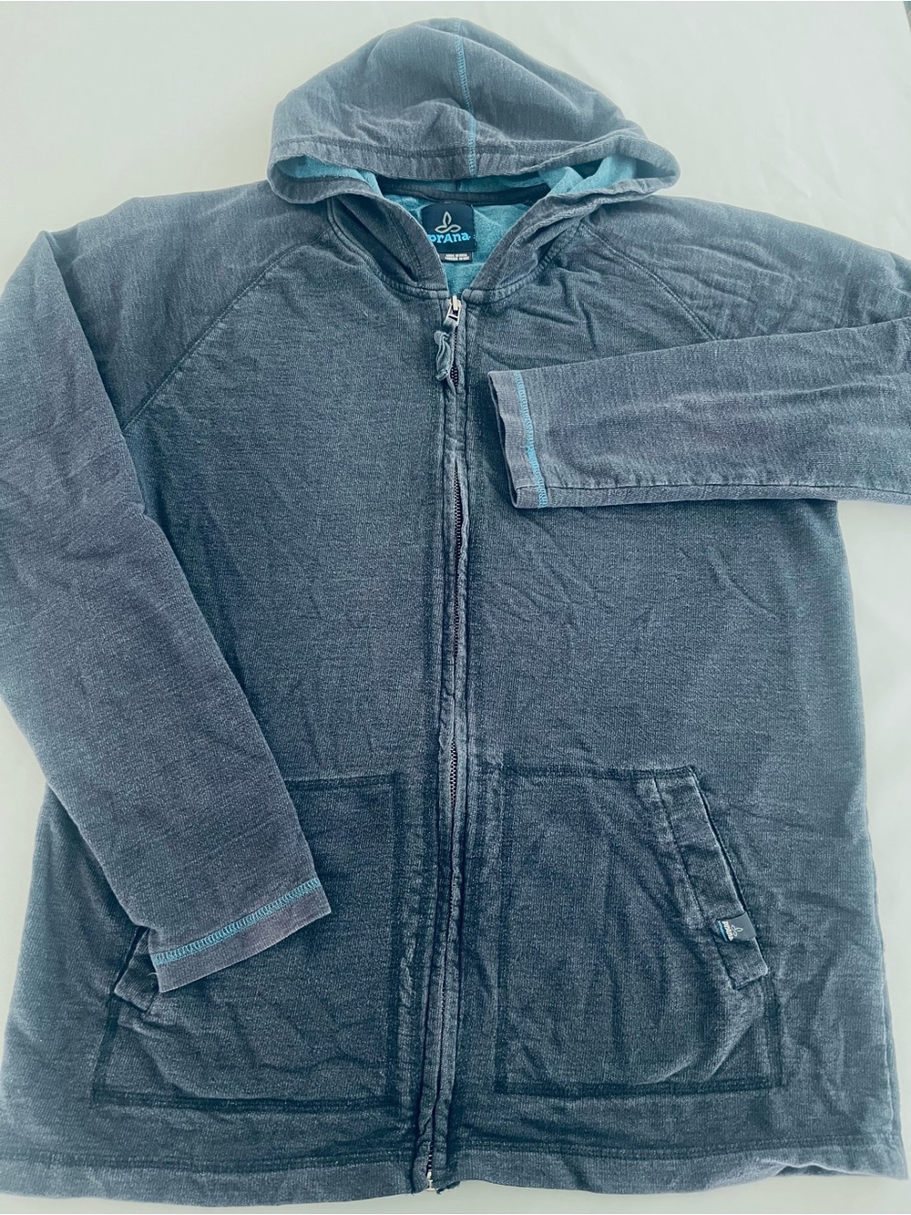 Prana Washed Navy Zip Hoodie with Light Blue Trim